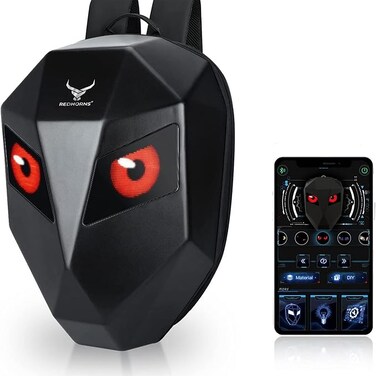 حقيبة ظهر لراكبي الدراجات النارية مزودة بعيون LED، حقيبة ظهر صلبة قابلة للتمدد، حقيبة ظهر مقاومة للماء DIY للسفر والتخييم وحقيبة تخزين خوذة ركوب الدراجات- اسود سادة