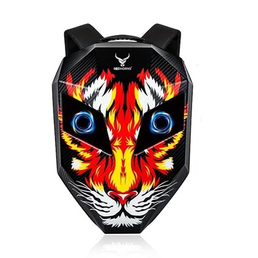 LED Eyes Biker Backpack for Motorcycle Riding, Hard Shell Expandable Motorbike Rider Backpack, Waterproof DIY Daypack for Travelling Camping Cycling Helmet Storage Bag-Tiger