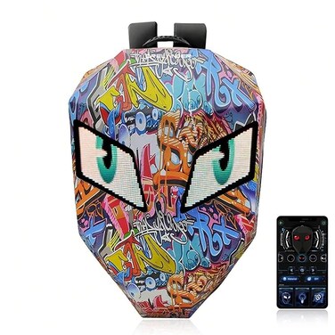 LED Eyes Biker Backpack for Motorcycle Riding, Hard Shell Expandable Motorbike Rider Backpack, Waterproof DIY Daypack for Travelling Camping Cycling Helmet Storage Bag-Embossed