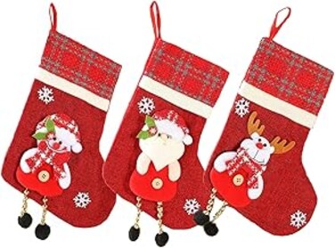 Yamibobo Christmas Stockings 3 Pack, Xmas Stockings with Snowflake Santa Snowman Plush Faux Fur Cuff Stockings for Stairs Fireplace Hanging Xmas Home Decor