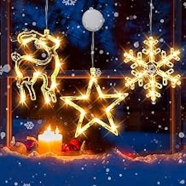 3 Christmas Window Lights, Hanging Christmas Lights, Snowflake, Star and Elk Shape with Suction Cups for Christmas, New Year, Balcony, Party, Indoor and Outdoor Decoration