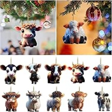 10PCS Cute Cartoon Cow Christmas Tree Car Pendant Home Tree Decoration, Flat 3D Vision Home Tree Hanging Ornaments, Car Hanging Decor Accessories, Christmas Tree Ornament
