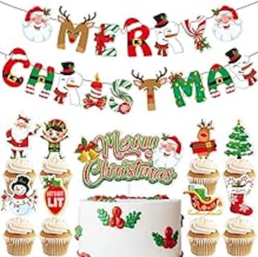 11 PCS Merry Christmas Cupcake Toppers and Christmas Flag Decor Holiday Banner Hanging Xmas Santa Claus, Elk, Socks, Snowman Cake Toppers Cake Decorations Set, Christmas Children's Party Decoration
