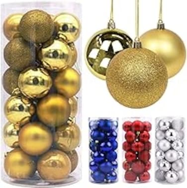 Christmas Baubles, 24 Pcs Christmas Tree Decoration Ball Ornaments Shatterproof Balls for Xmas Hanging Seasonal Decorations Festival Holiday Decor - Shiny, Matte, Glitter Decorated Baubles(4cm, Gold)