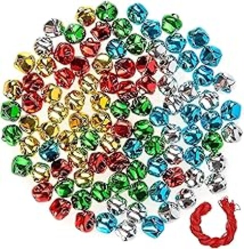Sumaswit [100pcs] Jingle Bells,0.4 Inch Christmas Bells with 25m Cords Colorful DIY Mini Craft Bells Bulk for Xmas Tree Hanging Ornaments Christmas WreathHome Festival Decoration Craft Projects