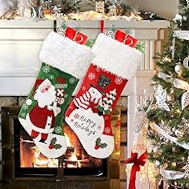 2PCS Christmas Stocking Classic Large Stockings Santa, Snowman Xmas Character for Holiday and Family Stocking for Fireplace Christmas Holiday Party Decoration (A)