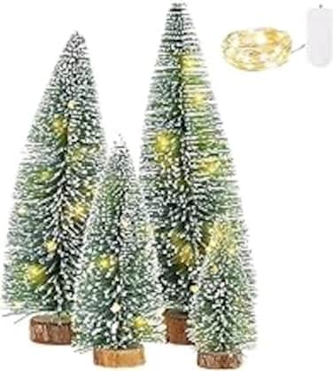 Mini Christmas Trees Christmas Decorations Clearance Artificial Small Christmas Tree Desktop Miniature Pine Tree, Sisal Snow Trees with Wooden Base for Christmas Deco Party Home Tabletop Craft (4pcs)