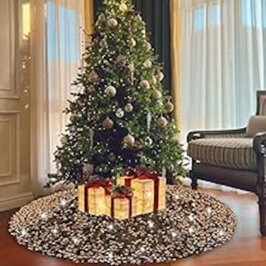48 Inches Gold Christmas Tree Skirt Christmas Sequin Velvet Xmas Decoration Small Tree Skirt Kit Merry Christmas Sequin Base Cover Sparkling Tree Skirts for Tabletop Tree Office Home Decor