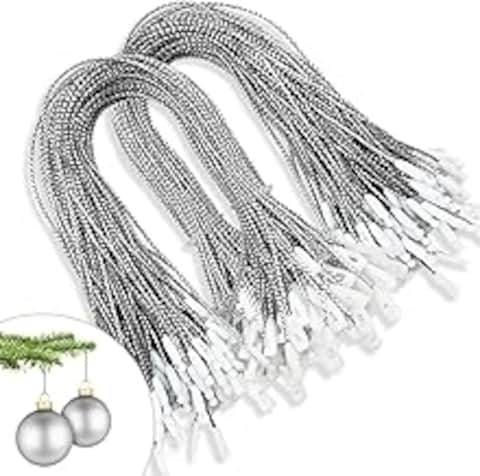kockuu 200pcs Silver Christmas Ornaments Hooks Hanger String Precut Hanging Ribbon for Christmas Tree Ornament Decorations with Snap Fastener