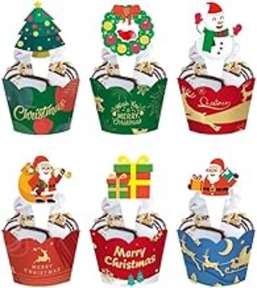 HELVAK 24 Pcs Christmas Cupcake Decorative Packaging Snowman Santa Claus Reindeer Elf Christmas Tree Cake Decoration Suitable for Christmas Holiday Party Cake Decorative Supplies