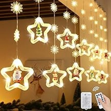 Christmas Light, Christmas Window Lights Indoor,10Ft 120 LED 8 Modes Christmas Star Curtain Lights, Battery Operated Hanging Lights with Santa Claus Ornaments String Lights for Christmas, Bedroom