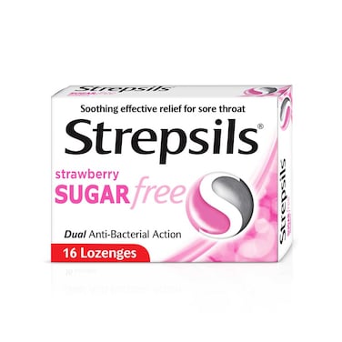 Strepsils Strawberry Sugar Free, Soothing Effective Relief for Sore Throats, 16 Lozenges