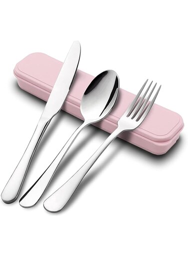HommyFine Portable Travel Utensils Set with Case Stainless Steel Reusable Silverware Fork Knife Spoon Set for Lunch Box Workplace Camping School Picnic (Pink)