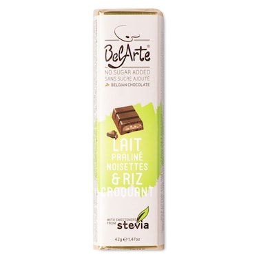 Belarte No Sugar Added Milk Chocolate with Hazelnut Praline and Crispy Rice, 42g