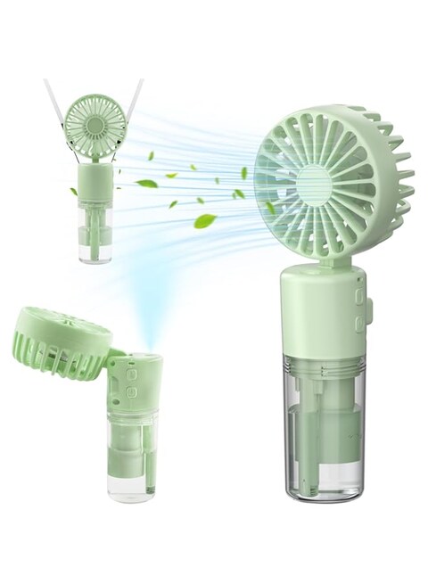 TERRIFI Handheld Fan with Water Mist Spray, Portable Mini Mister Fan, 4-Speed Neck and Desk Fan, 1500mAh, 55ml Water Bottle, Ideal for Home, Office, Travel, Women, Green