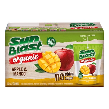 Sunblast Organic Apple and Mango Juice, 200ml Pack of 10