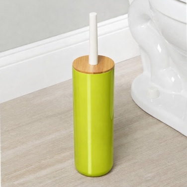 Plastic Toilet Bowl Brush/Bamboo Lid Cover - 2 Piece Set; Bathroom Storage Organizer Holder; Decor Bathroom Accessories - Lime Green
