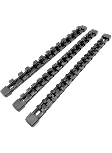 3 Pcs Socket Organizer for Tool Box Drawer, 1/2'', 3/8'', 1/4'', 14'' Drive Socket Rail Holders, Socket Racks with Anti-Fatigue PP Rails and ABS Clips, Holds Up to 43 Sockets with Removable End Caps