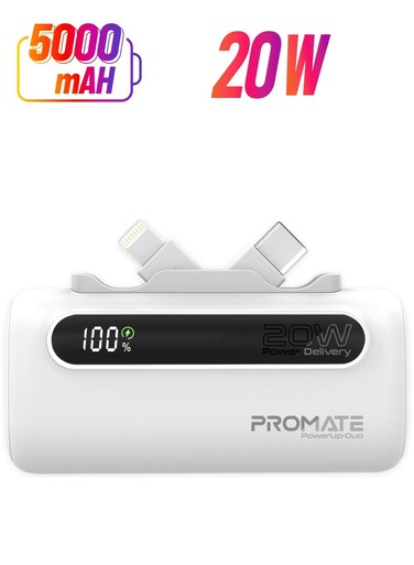 بنك طاقة محمول صغير بسعة 5000 مللي أمبير/ساعة مع موصل USB-C داخلي/خارجي قابل للطي بقوة 20 وات، وموصل Lightning قابل للطي بقوة 12 وات، ومنفذ USB فائق السرعة بقوة 20 وات PowerUp-Duo أبيض