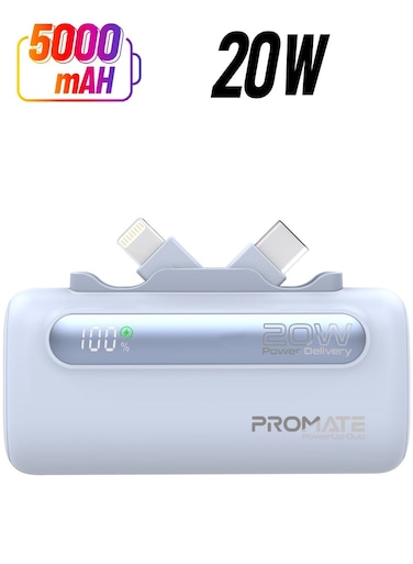 5000 mAh Portable Power Bank Mini with 20W USB-C In/Out Foldable Connector, 12W Lightning Foldable Connector, Ultra-Fast 20W USB Port PowerUp-Duo Blue