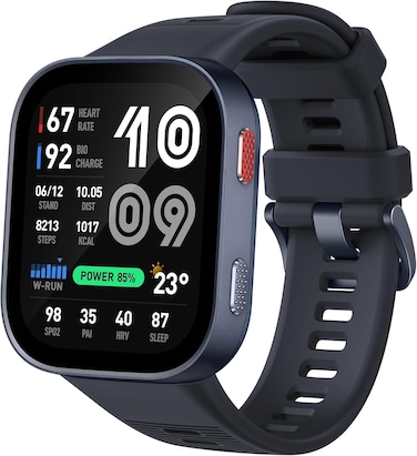 ساعة Amazfit Bip Max الذكية (مقاس 50 مم)، شاشة AMOLED مقاس 2.07 بوصة، بطارية تدوم 20 يوماً، نظام تحديد المواقع (GPS)، سعة تخزين 4 جيجابايت، خرائط دون اتصال بالإنترنت، تتبع اللياقة البدنية، تدريب هجين، دعم أكثر من 150 نوعاً من الرياضات، وضع HYROX، مقاومة للماء بمعيار 5 ATM، متوافقة مع Android وiPhone، اللون الأزرق.