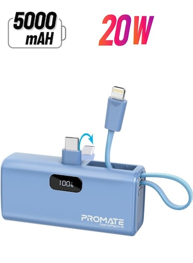 5000 mAh Ultra-Compact Powerbank With Built-In Lightning Cable, Foldable USB-C Connector, 20W USB-C Power Delivery Port, LED Display and Charge Protection For iPhone 15, NanoPack-5 Blue