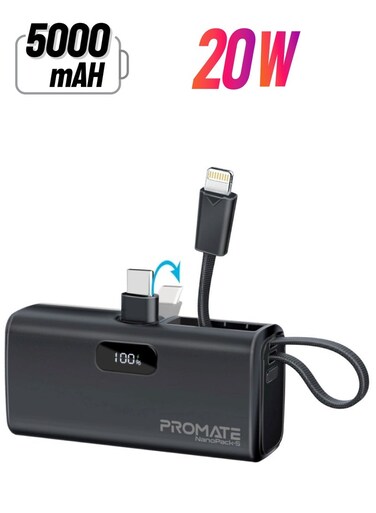 باور بانك فائق الصغر بسعة 5000 مللي أمبير/ساعة مع كابل لايتنينج مدمج، وموصل USB-C قابل للطي، ومنفذ توصيل طاقة USB-C بقوة 20 وات، وشاشة LED وحماية الشحن لهاتف iPhone 15، NanoPack-5 أسود