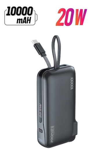 10000 mAh Ultra-Compact Wall Charger Power Bank Built-In 20W USB-C Output Cable, 20W USB-C in/out Port, 22.5W QC3.0 USB-A Black