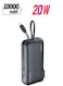 10000 mAh Ultra-Compact Wall Charger Power Bank Built-In 20W USB-C Output Cable, 20W USB-C in/out Port, 22.5W QC3.0 USB-A Black
