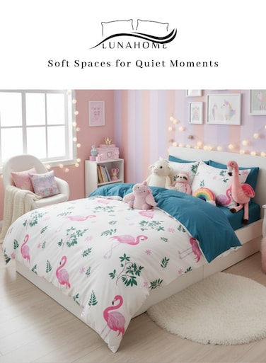 Home Single size 4pcs set ( 1 Duvet cover - 160*210cm.; 1 Fitted sheet 100*200+30cm.; 2 Pillow cases - 50*75cm), a stunning pink flamingo design set against a white background with touches of pink.