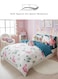 Home Single size 4pcs set ( 1 Duvet cover - 160*210cm.; 1 Fitted sheet 100*200+30cm.; 2 Pillow cases - 50*75cm), a stunning pink flamingo design set against a white background with touches of pink.