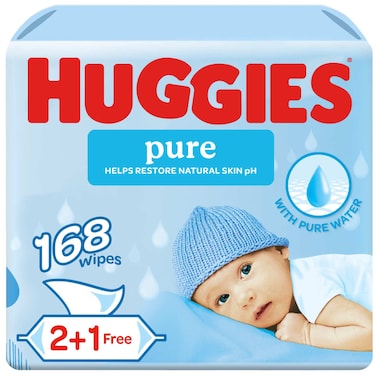Huggies Pure Baby Wipes, 99% Pure Water Wipes, 3 Pack x 56 Wipes (168 Wipes)