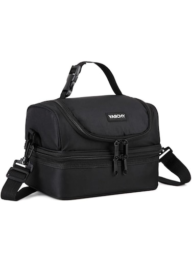 VASCHY Lunch Box Bag Men, Insulated Two Compartments Bento Cooler Bags for Adults/Women/Kids for School,Daycare,Kindergarten,Picnic Black