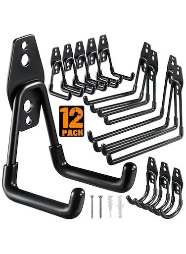 Garage Hooks Heavy Duty,12-Pack Utility Steel Garage Storage Hooks,Wall Mount Garage Hanger &amp; Organizer for Organizing Power Tools, Ladders, Bulk Items, Bikes, Ropes etc