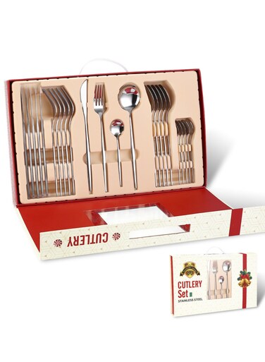 24-Piece Stainless Steel Cutlery Set in Multiple Colours Variations (Silver, Rose Gold, Black/Peacock Green/White/Pink Handles) with 6 X Main Knives/Main Forks/Soup Spoons/Dessert Spoons