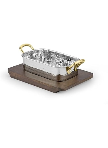 Kedge Rectangular Roaster Pan With Brass Handle &amp; Wood Under Liner, 300 ml Capacity