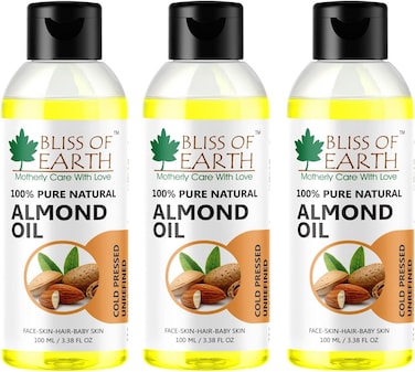 Bliss Of Earth Sweet Almond Oil For Skin, Cold Pressed Organic Sweet Almond Oil For Hair, 100% Pure &amp; Unrefined Almond Oil For Face, Nails &amp; Baby Skin &ndash; Pack Of 3 x 100ml