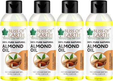 زيت اللوز الحلو للبشرة من بليس أوف إيرث، زيت اللوز الحلو العضوي المعصور على البارد للشعر، زيت اللوز النقي وغير المكرر 100% للوجه والأظافر وبشرة الطفل - عبوة من 4 × 100 مل