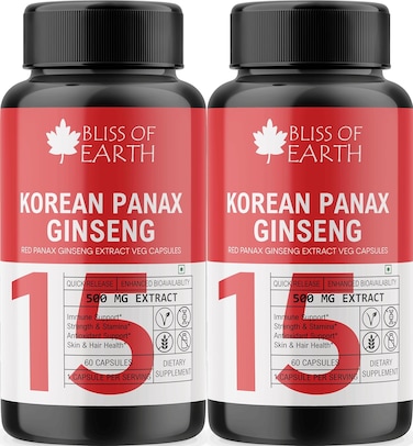 Bliss Of Earth Korean Red Panax Ginseng For Men &amp; Women, 500mg High Potency Root Extract 60 Veg Capsules For Energy, Stamina &amp; Performance (Pack Of 2)