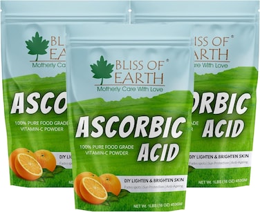 Bliss Of Earth 3x16 Oz Ascorbic Acid Powder Pure Food Grade Vitamin-C Rich Powder For Skin, Face, Cosmetic &amp; DIY Products 3x453gm