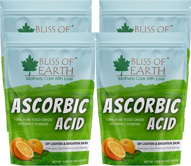Bliss Of Earth 4x16 Oz Ascorbic Acid Powder Pure Food Grade Vitamin-C Rich Powder For Skin, Face, Cosmetic &amp; DIY Products 4x453gm