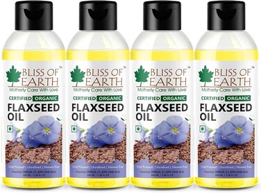 Bliss Of Earth Certified Organic Flaxseed Oil, 4x100ml, 100% Pure Plant Based Source Of Omegas 3, 6 &amp; 9, Cold Pressed, Haxene Free, Immune Support, Healthy Hair &amp; Skin