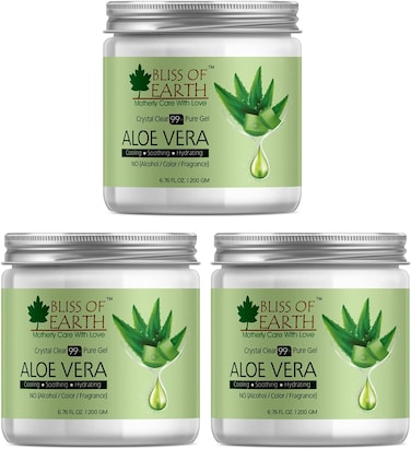 Bliss Of Earth 99% Pure Crystal Clear Aloe Vera Gel For Face, Hair, Acne And Pimples, Paraben Free, (3X200ml)