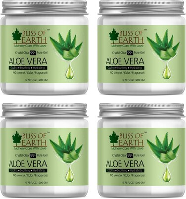 Bliss Of Earth 99% Pure Crystal Clear Aloe Vera Gel For Face, Hair, Acne And Pimples, Paraben Free, (4X200ml)