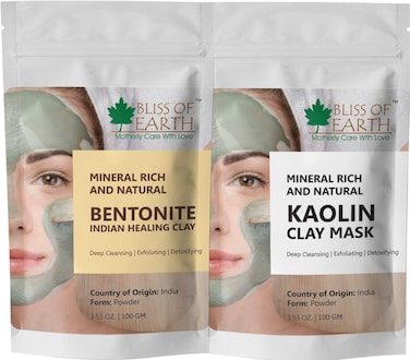Bliss Of Earth 100% Pure White Kaolin &amp; Bentonite Clay Powder Combo, 2X100gm, Finest Grade, Natural Facial Mask
