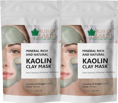 طين الكاولين الأبيض للشعر والوجه من بليس أوف إيرث، قناع طين الكاولين الأبيض النقي للعناية بالبشرة وعلاج حب الشباب وتنظيف المسام، مسحوق طين الكاولين الأبيض لصنع الصابون - عبوة من 2 × 100 جرام