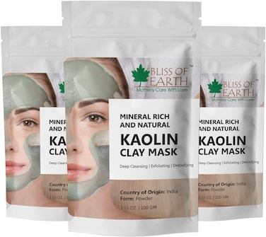 طين الكاولين الأبيض للشعر والوجه من بليس أوف إيرث، قناع طين الكاولين الأبيض النقي للعناية بالبشرة وعلاج حب الشباب وتنظيف المسام، مسحوق طين الكاولين الأبيض لصنع الصابون - عبوة من 3 × 100 جرام