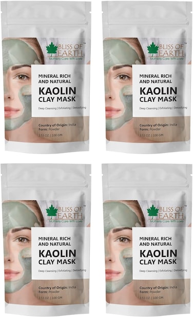 Bliss Of Earth White Kaolin Clay For Hair &amp; Face, Pure White Kaolin Mud Mask For Skin Care, Acne Treatment &amp; Pore Cleansing, Finest Grade White Kaolin Clay Powder For Soap Making - Pack Of 4 X 100g