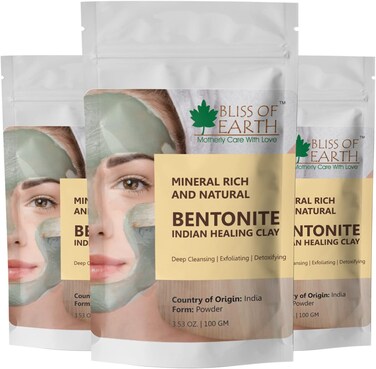 Bliss Of Earth Bentonite Clay Powder For Skin, Bentonite Clay Mask For Face &amp; Body, Edible Bentonite Clay For Weight Loss, Indian Healing Clay For Detoxifying &amp; Deep Cleansing - Pack Of 3 X 100g