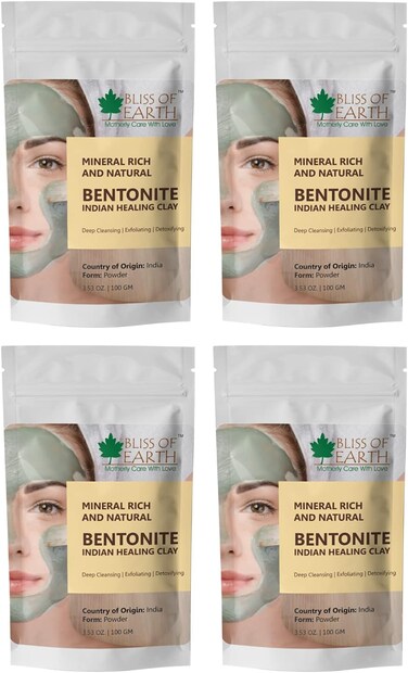 Bliss Of Earth Bentonite Clay Powder For Skin, Bentonite Clay Mask For Face &amp; Body, Edible Bentonite Clay For Weight Loss, Indian Healing Clay For Detoxifying &amp; Deep Cleansing - Pack Of 4 X 100g